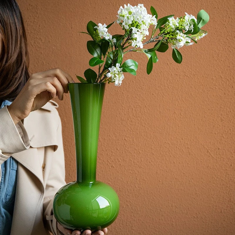 French Vintage Green Glass Orchid Flower Vase