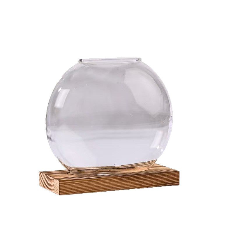 Wood Base Hydroponic Glass Plant Vase