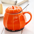 Ceramic mug with lid and spoon, Halloween gift pumpkin mug